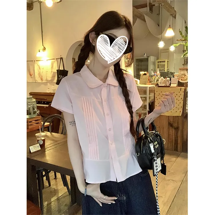 甜美娃娃领短袖衬衫女夏季穿搭粉色小飞袖衬衣设计感小众显瘦上衣