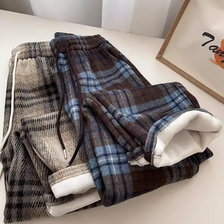 显瘦慵懒风毛呢裤子秋冬季新款男女休闲格纹阔腿裤宽松男生裤子