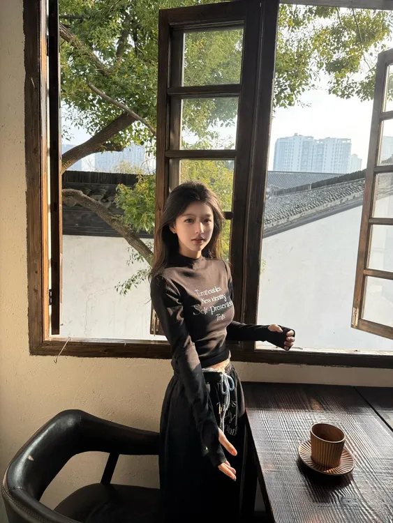 美式高街休闲裤女春秋修身T恤双腰头拼接抽绳卫裤宽松休闲裤套装