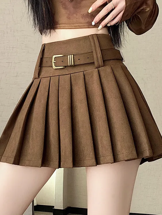 美式甜酷辣妹百褶短裙女2025新款秋冬麂皮绒a字裙高腰显瘦半身裙