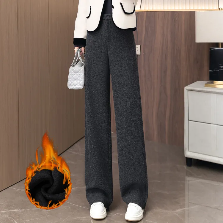 加绒加厚羊毛呢阔腿裤女2025秋冬新款高腰显瘦抗皱垂感窄版直筒裤