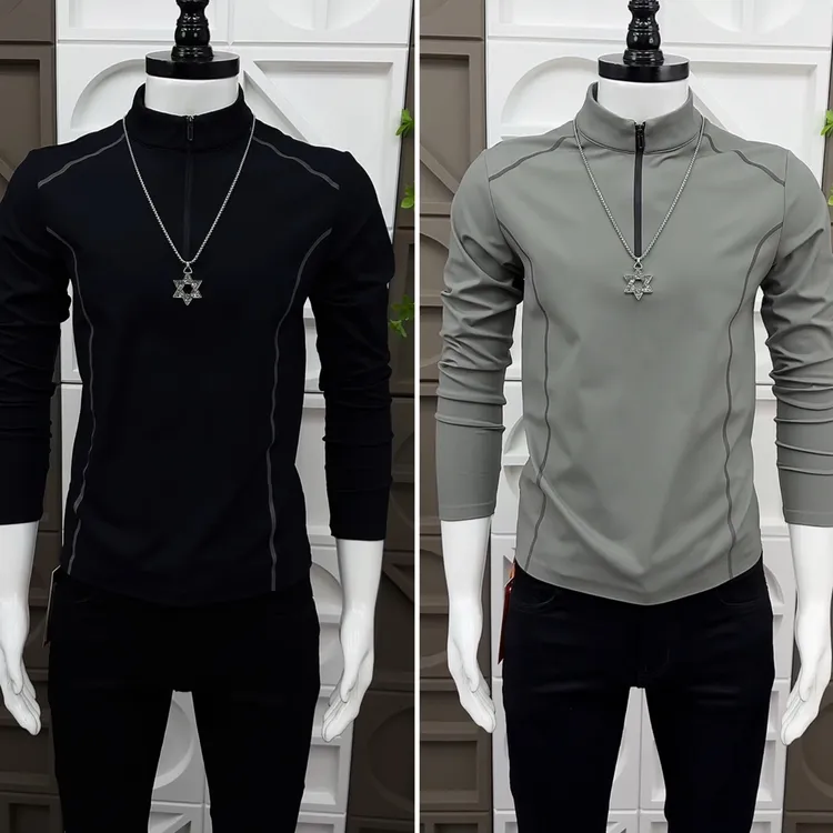 男士冬季新款修身长袖加薄绒拉链打底衫秋冬时尚百搭潮流上衣T恤