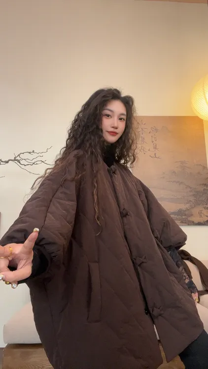 museguhui/木色古汇5601#蝴蝶结按扣纯色气质时尚圆领长袖棉服