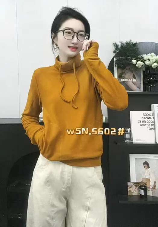 2025秋冬纯色简约半高领抽绳时尚百搭长袖套头上衣双面绒