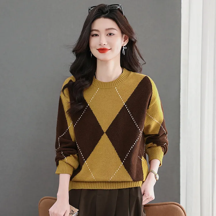 正品女装短款菱形拼色套头毛衣秋冬新款洋气百搭小个子打底针织衫