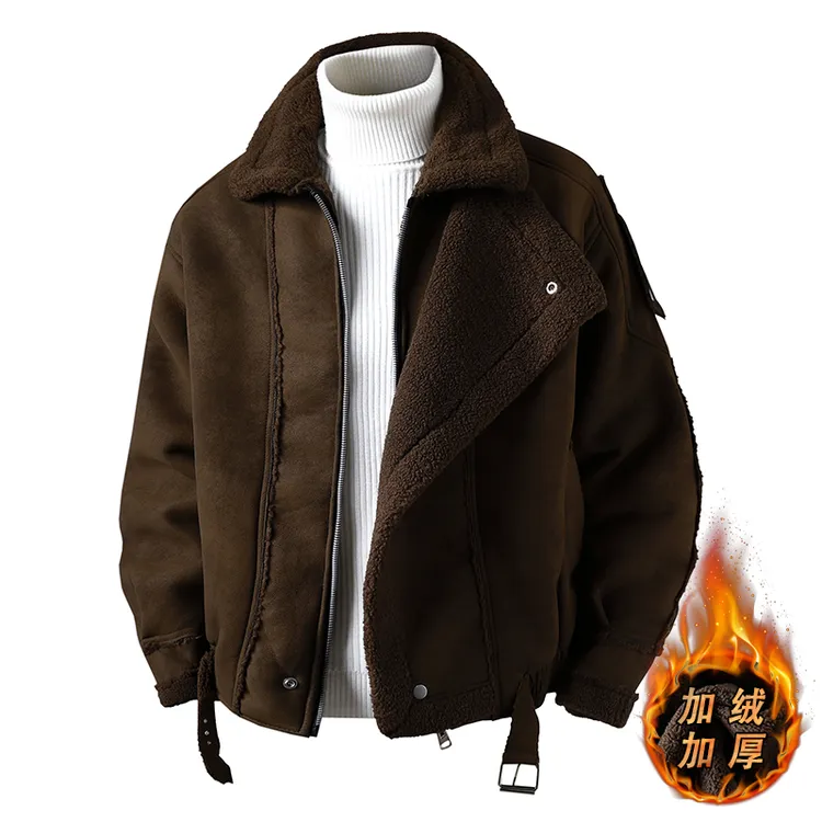 男士冬季美式复古加绒加厚皮衣翻领机车夹克潮流时尚宽松休闲外套