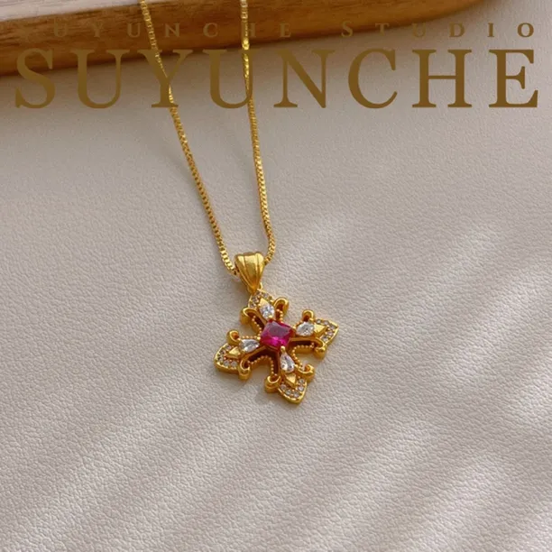 铜合金项链 Suyunche2686气质彩色花纹小众古法项链