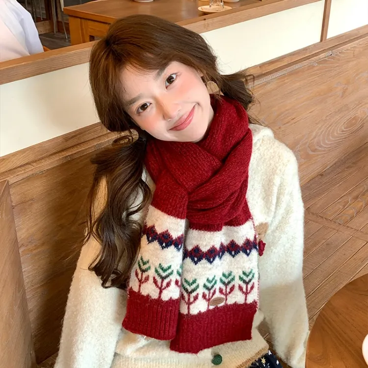费尔岛圣诞节礼物红色针织毛线围巾女款冬季2025新款加厚保暖围脖