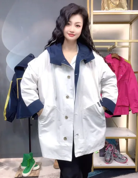 奇奇家时尚韩版大码女装2025秋季新款时尚长款设计感拼色风衣外套