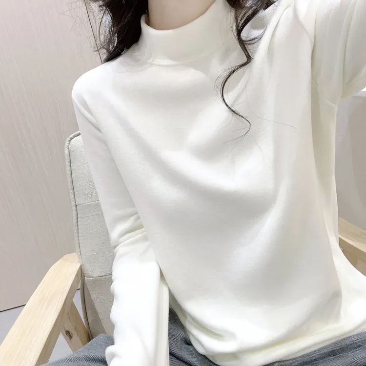 白色半高领软糯打底衫女秋冬季加厚保暖亲肤显瘦内搭长袖T恤上衣