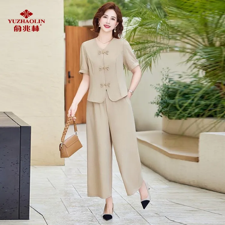 俞兆林中式妈妈套装夏季新款气质减龄洋气时尚显瘦短袖上衣阔腿裤