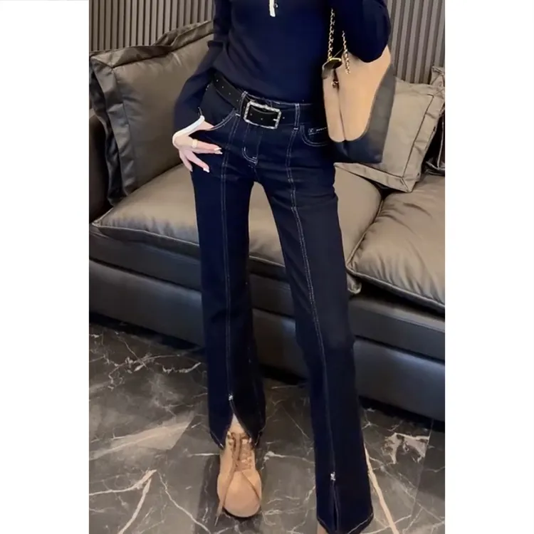 艾塔莉秋季新款设计感开叉微喇牛仔裤修身显瘦时尚直筒裤九分拼接