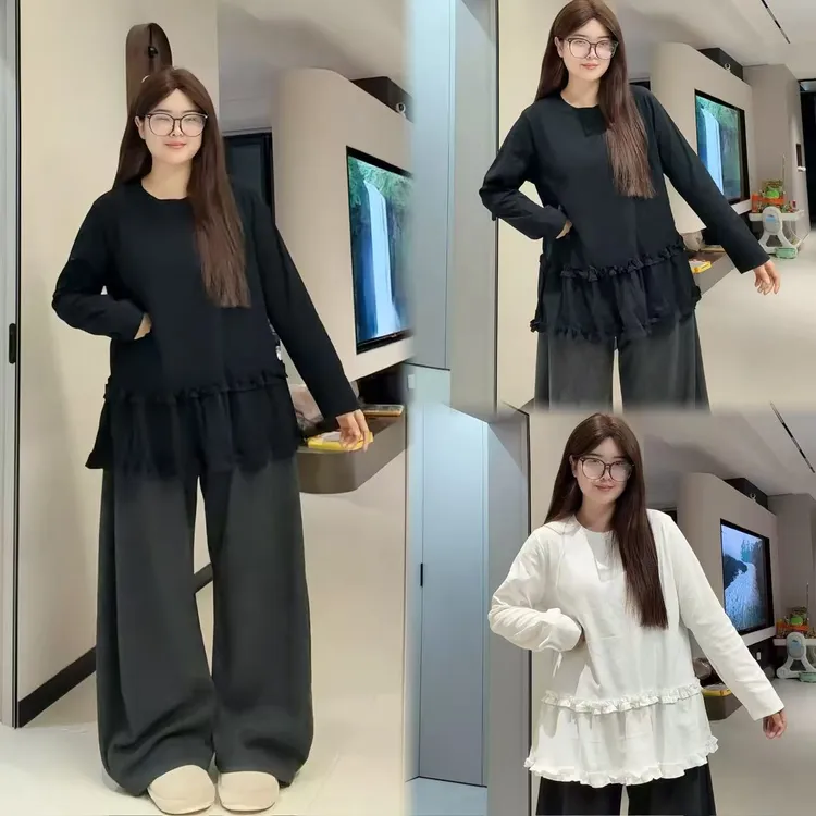 新款大码胖MM木耳边气质圆领长袖百搭打底T恤通勤风宽松显瘦上衣