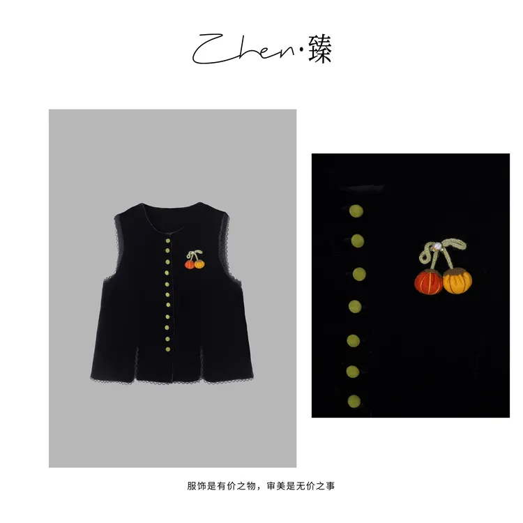 ZHEN.臻  法式立体菱格花边开叉奢品真丝丝绒无袖马夹MJ8586Z