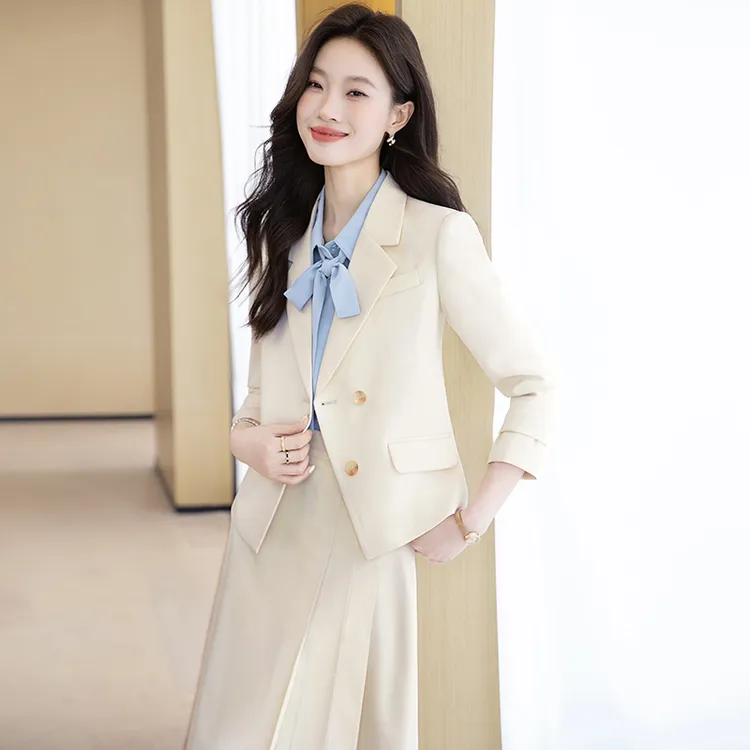 杏色西装外套女2025新款时尚百搭韩版职业装通勤西服套装裙两件套