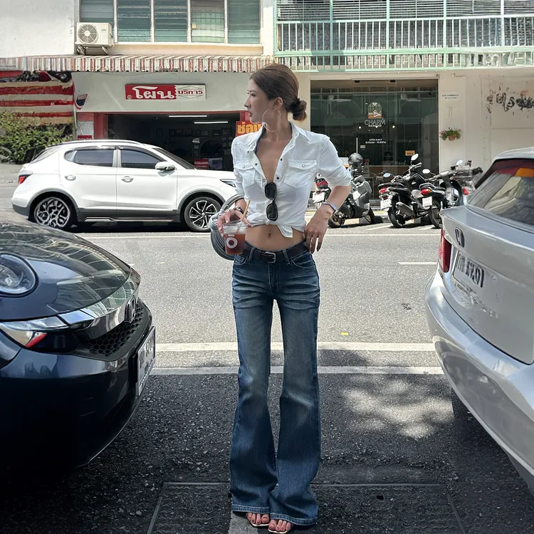 美式辣妹休闲百搭低腰水洗牛仔裤女高个子加长版微喇宽松拖地裤子