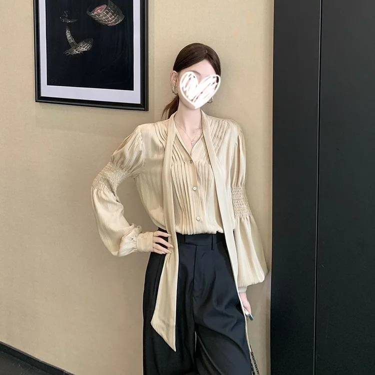 老钱风松弛感系带长袖衬衫女士秋季百搭宽松显瘦漂亮上衣气质衬衣