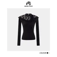 毛妮LADIESFIRST秋冬新款蕾丝镂空拼接领部飘带修身针织衫女L2534