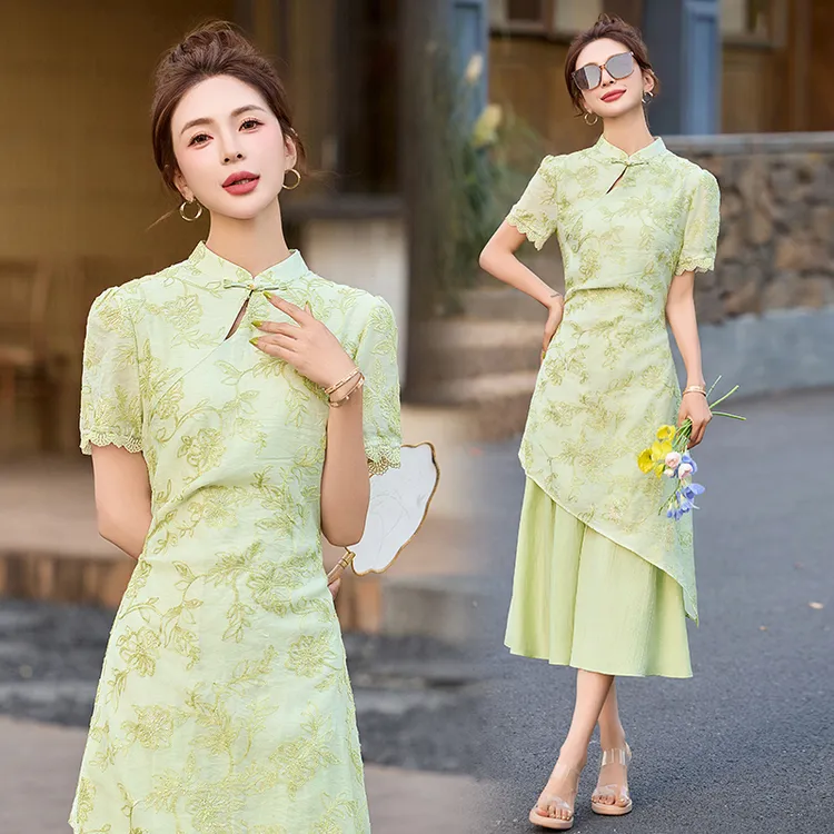 新中式国风改良旗袍裙女2025夏新款收腰显瘦立领假两件拼接连衣裙