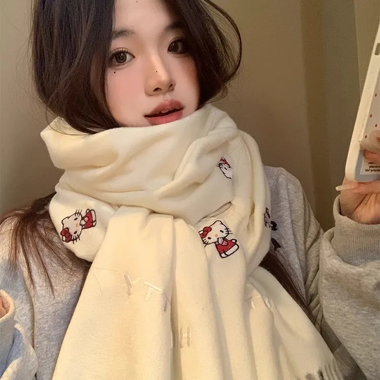 Hellokitty刺绣仿羊绒围巾女冬季2025新款可爱保暖围脖氛围感披肩