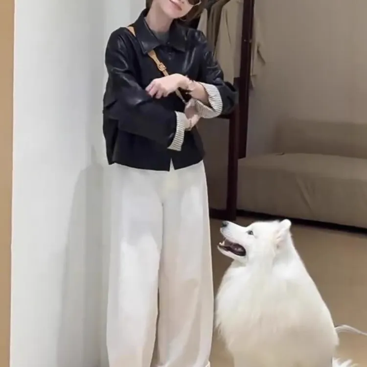 美式复古翻领皮衣外套女2025秋季新款百搭休闲设计感拼接格子上衣