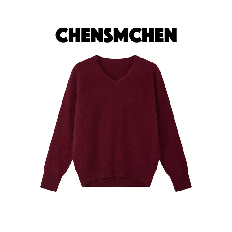 CHENSMCHEN绵羊毛纯色V领长袖针织衫女复古气质显瘦上衣CSZ8012QQ