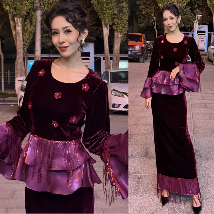 显瘦气质通勤风中国风时尚套装礼服红色重工长袖女装套装上衣