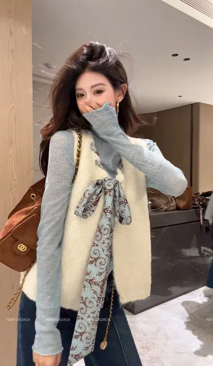 利达 NEW DADADA秋冬丝巾系带针织马甲女叠穿显瘦无袖上衣QGM2292