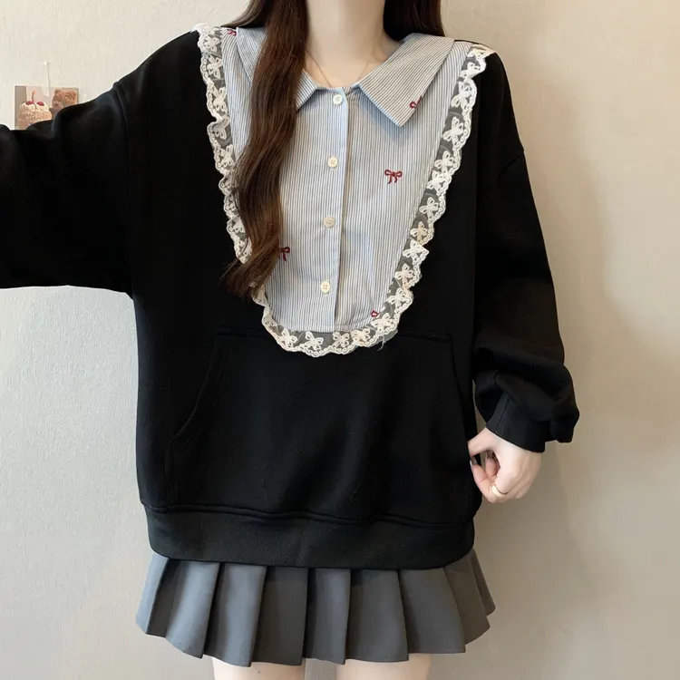 大码胖mm秋冬季新款加绒加厚拼色高级感娃娃领蕾丝花边假两件卫衣