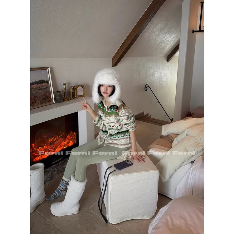 FORNI 雪屋毛衣 北欧氛围感浣熊绒羊毛彩色提花针织开衫毛衣