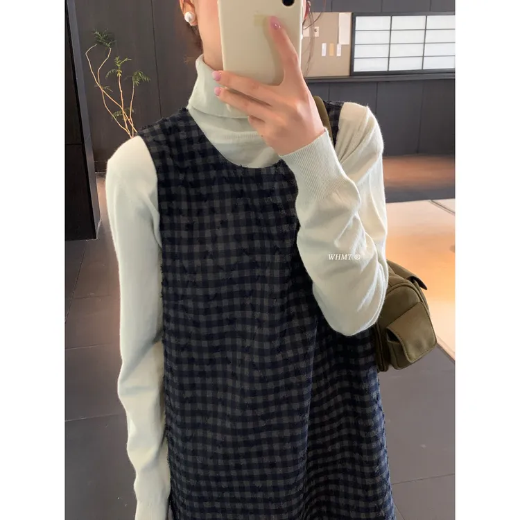 RS.WHMT-韩系复古圆领格纹叠穿无袖背心连衣裙Q1309