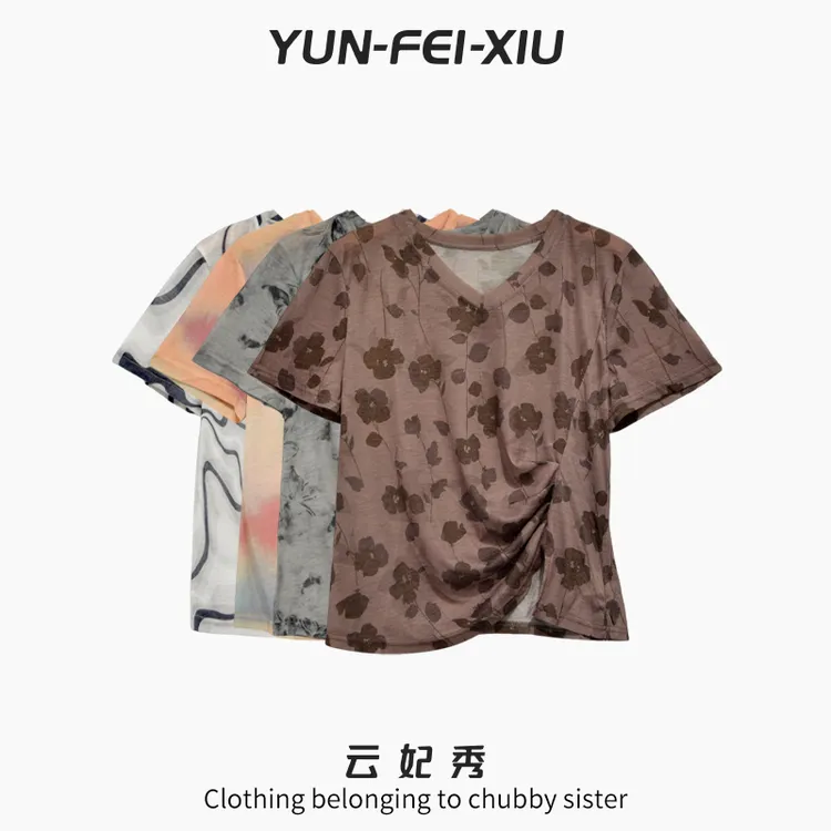 云妃秀大码女装T恤休闲舒适韩版减龄显瘦微胖宽松上衣夏季77003