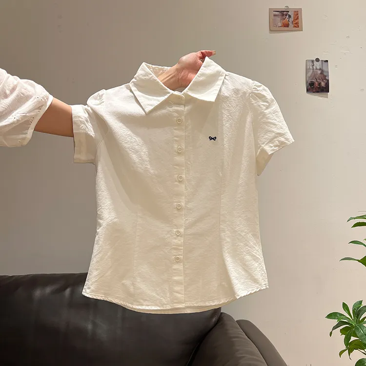 韩系复古刺绣设计感白色短袖衬衫女2025夏季高级小众独特漂亮上衣