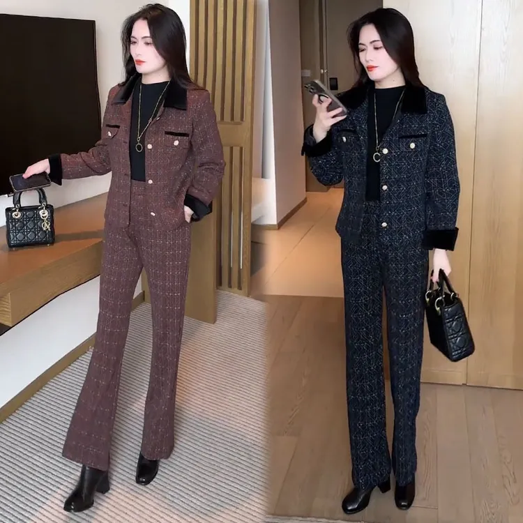 时尚毛呢套装女2025秋季新款洋气质格子小香风短外套直筒裤两件套