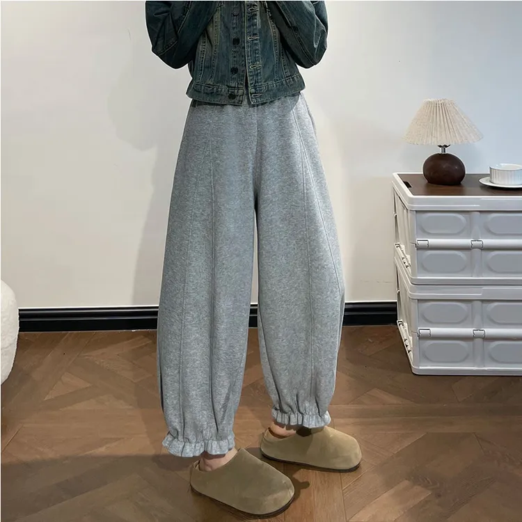 灰色木耳边花苞裤2025新款女秋冬宽松休闲九分小个子气球阔腿裤子