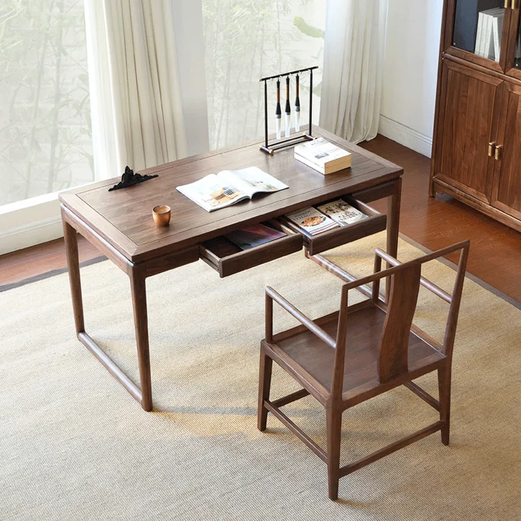新中式实木书桌椅阳台禅意榆木书房抽屉书画桌书法桌椅子组合套装