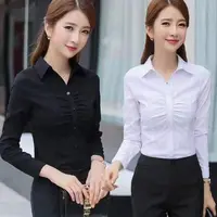 设计感白色褶皱女长袖2025秋季新款修身显瘦翻领微弹打底上衣衬衫