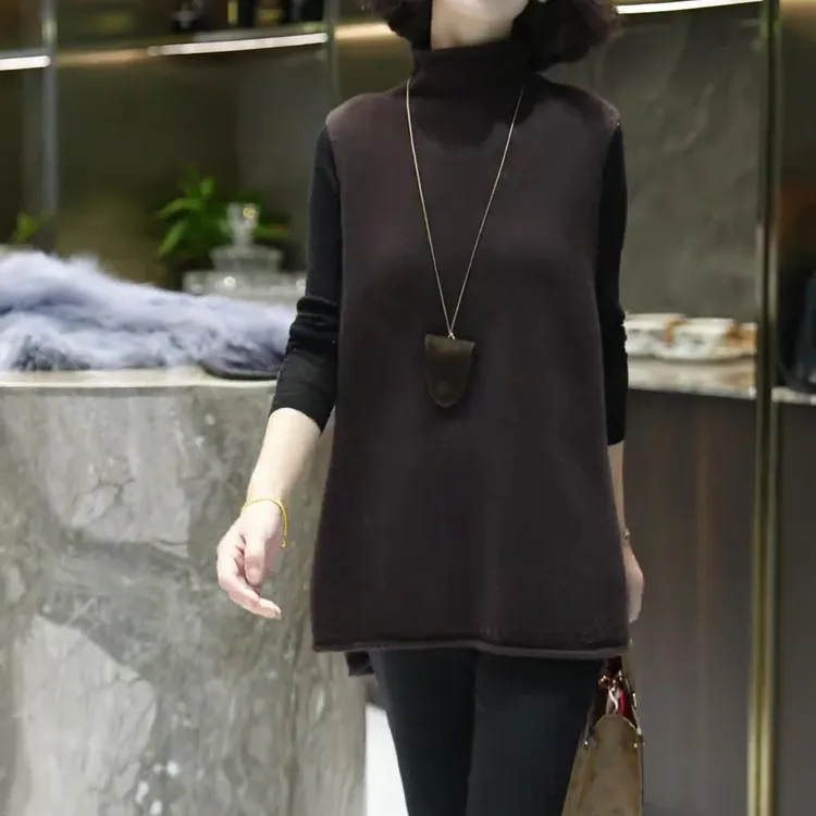 秋冬宽松显瘦无袖上衣新款百搭纯色时尚小众高领针织马甲背心女