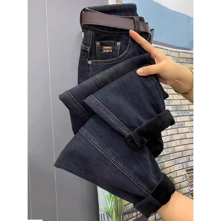 高腰弹力加绒加厚哈伦牛仔垮裤女秋冬季宽松显瘦九分萝卜老爹棉裤