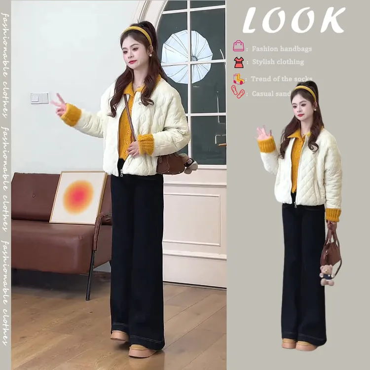 2025秋冬新款韩版时髦减龄针织毛衣保暖棉服外套高腰牛仔裤三件套