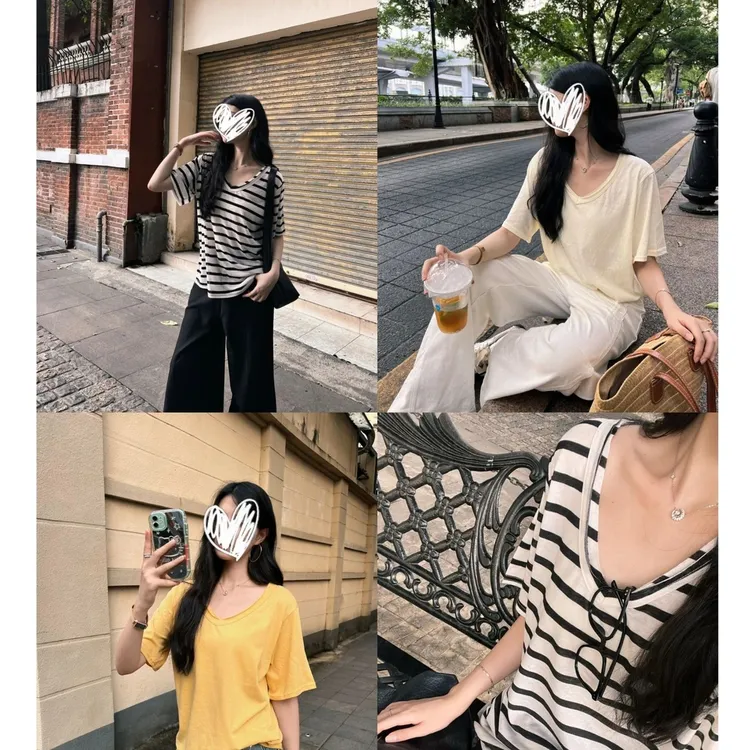 KAIDIQI/凯迪琦慵懒舒适老钱V领毛边简约纯色短袖tee