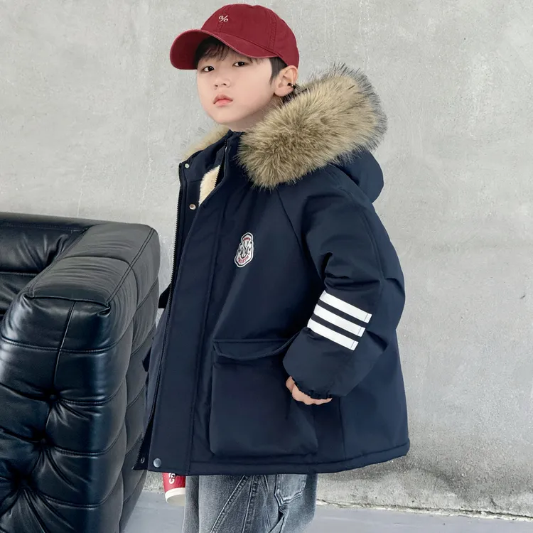 男童冬装加绒棉衣外套2025新款中大童冬季加厚保暖儿童派克棉服潮