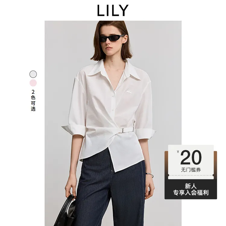 【一秒入夏】LILY2025夏新款不对称七分袖收腰薄款衬衫125239C4951