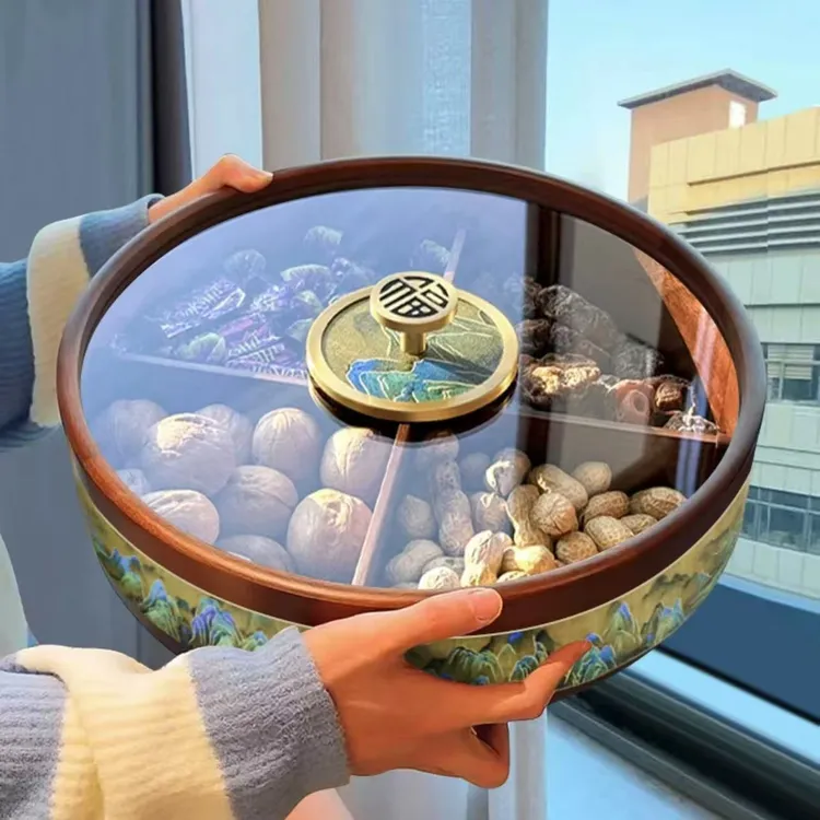 实木干果盒客厅家用黄铜把手分格带盖零食坚果盘千里江山款 Z1289