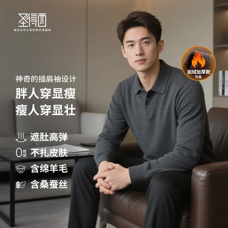 【含绵羊毛蚕丝加绒加厚】蚕丝塑型针织衫插肩袖遮肚款冬保暖POLO衫