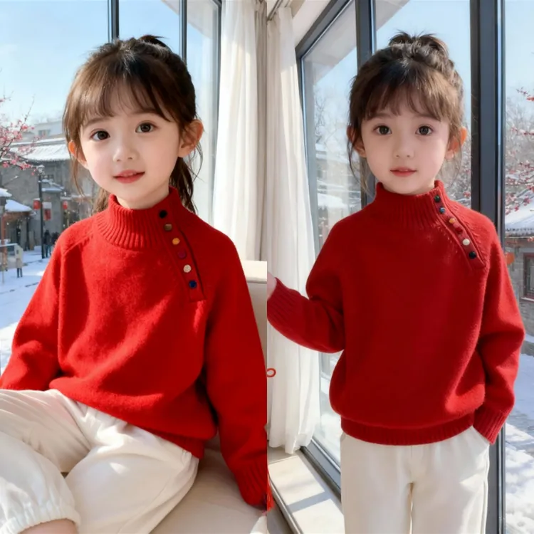一体绒加厚儿童打底针织衫内搭2025新款女童毛衣洋气彩扣爆款上衣