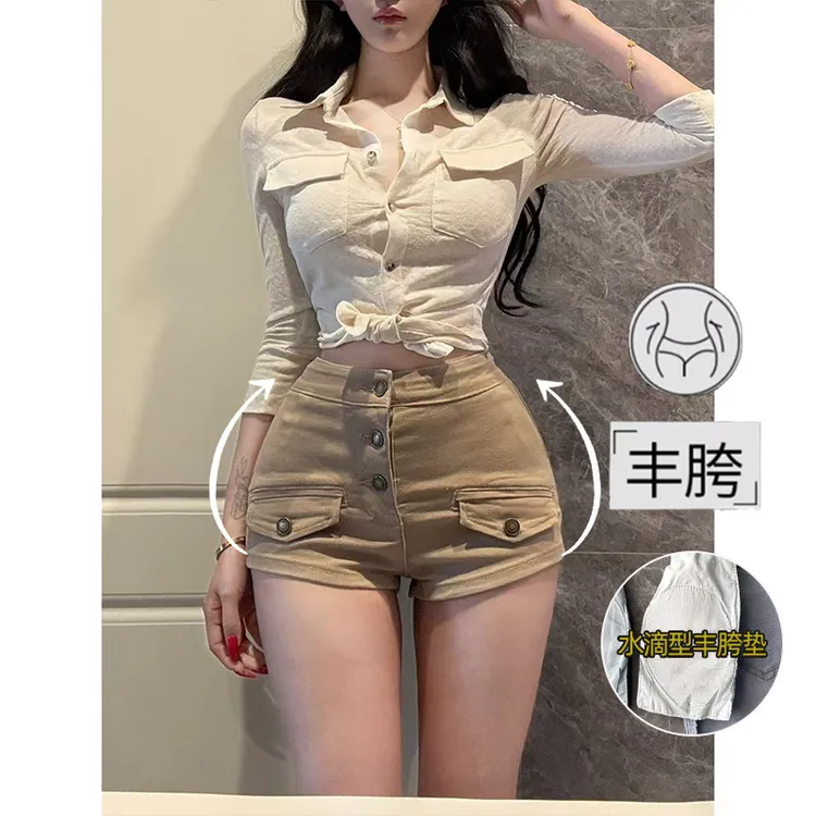 老钱风纯欲丰胯牛仔短裤女秋季新款多扣高腰外穿紧身显瘦包臀热裤