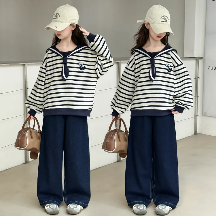女童条纹套装2025秋季新款中大童洋气时尚百搭学院风牛仔两件套