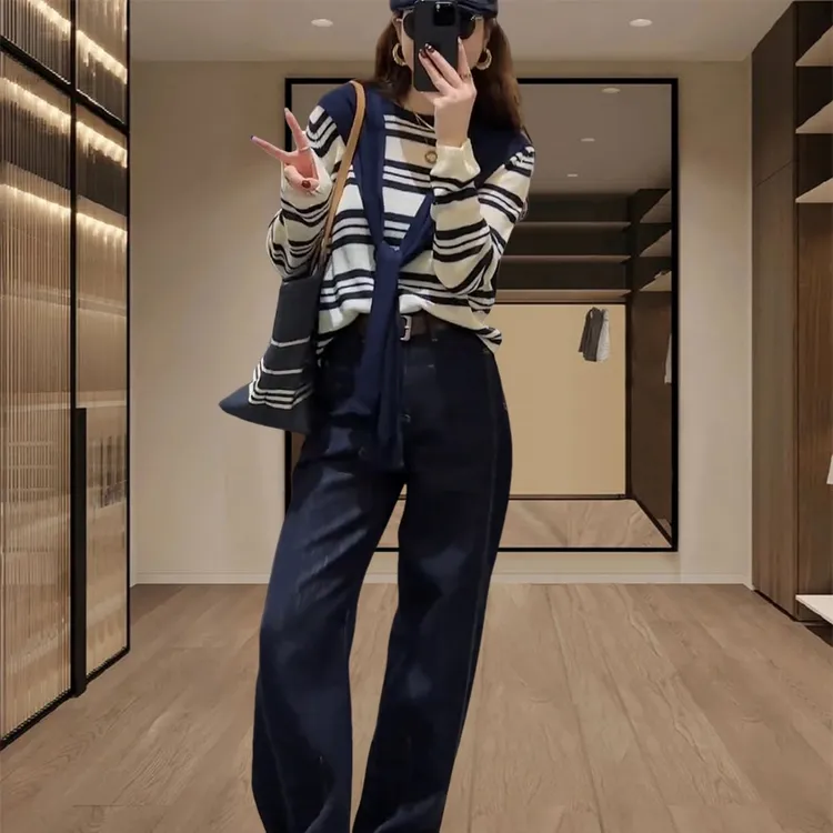 巨好看的两件套女2025春秋季新款爆款韩版条纹披肩上衣休闲裤套装