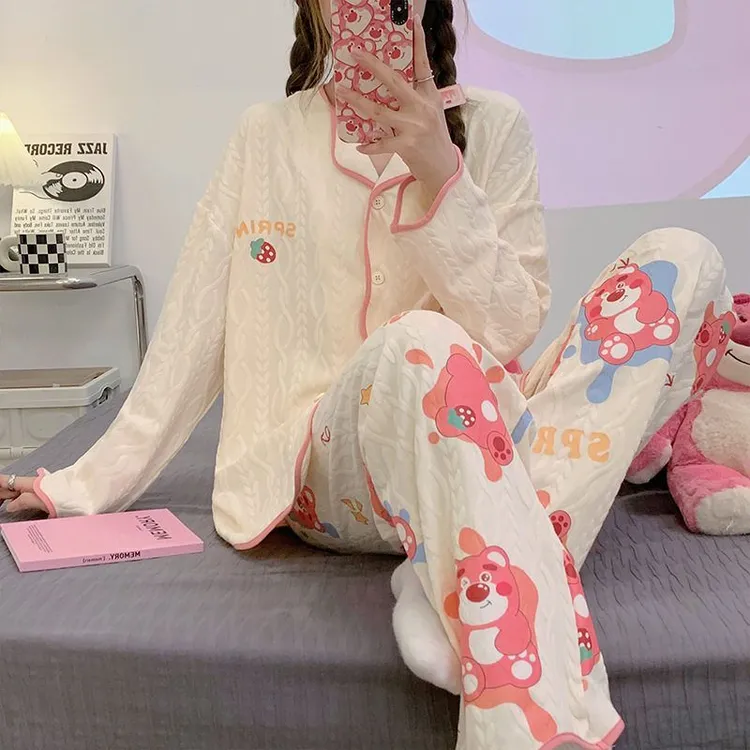 睡衣女春秋季长袖日系开衫甜美可爱宽松大码女士家居服套装可外